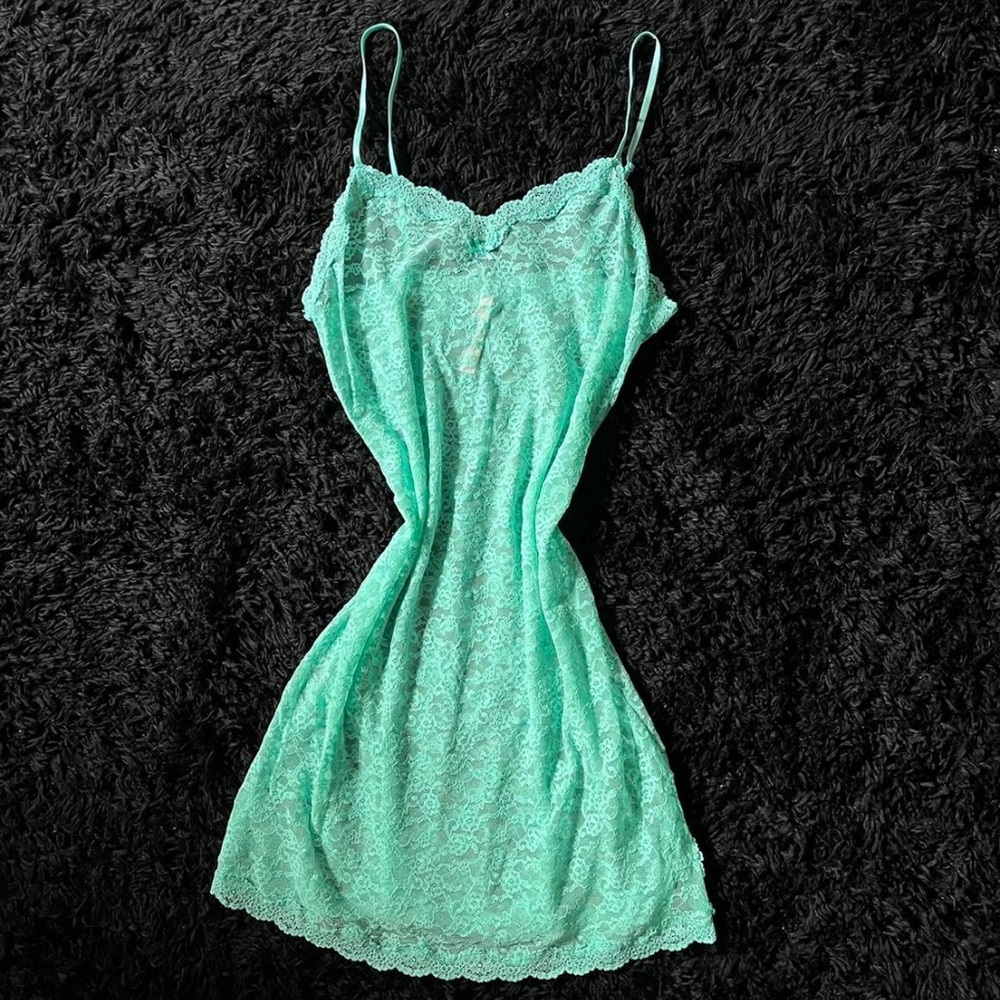 MEDIUM Victoria’s Secret Aqua Blue Full Lace Floral Slip Dress